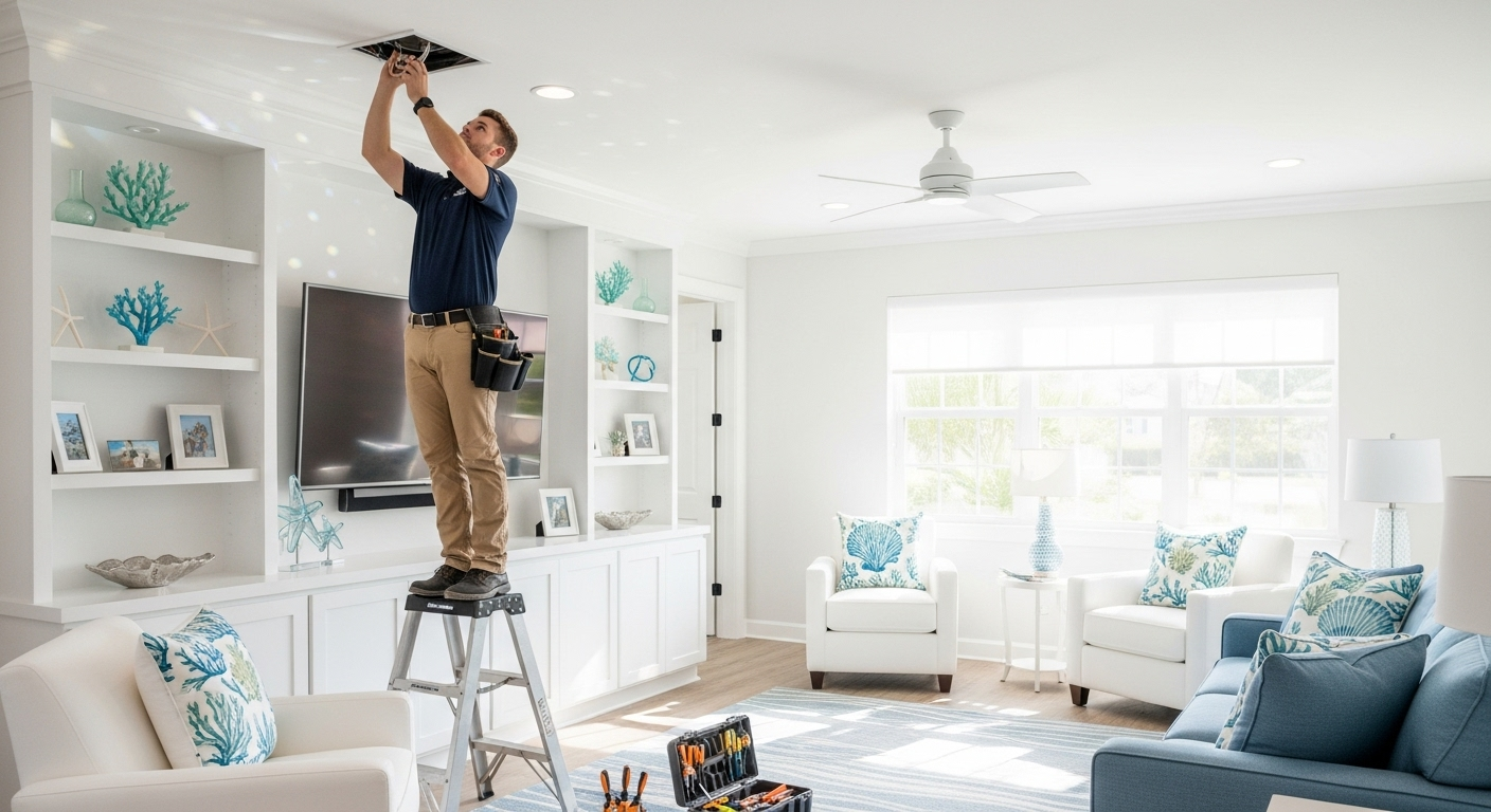 Licensed electrician installing modern recessed lighting in a Naples FL home living room.