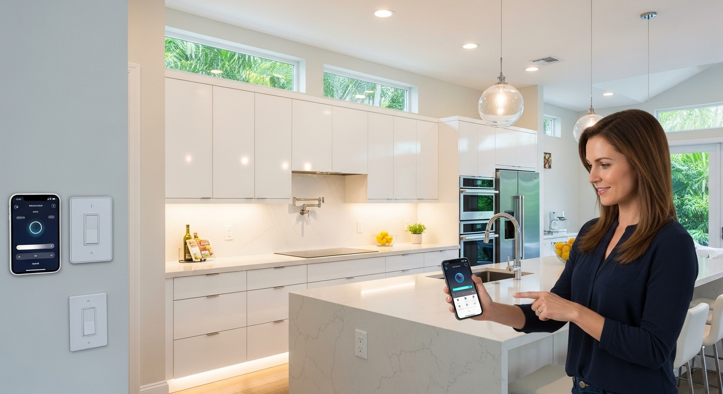 Energy-efficient LED lighting and smart electrical systems in Naples home kitchen.