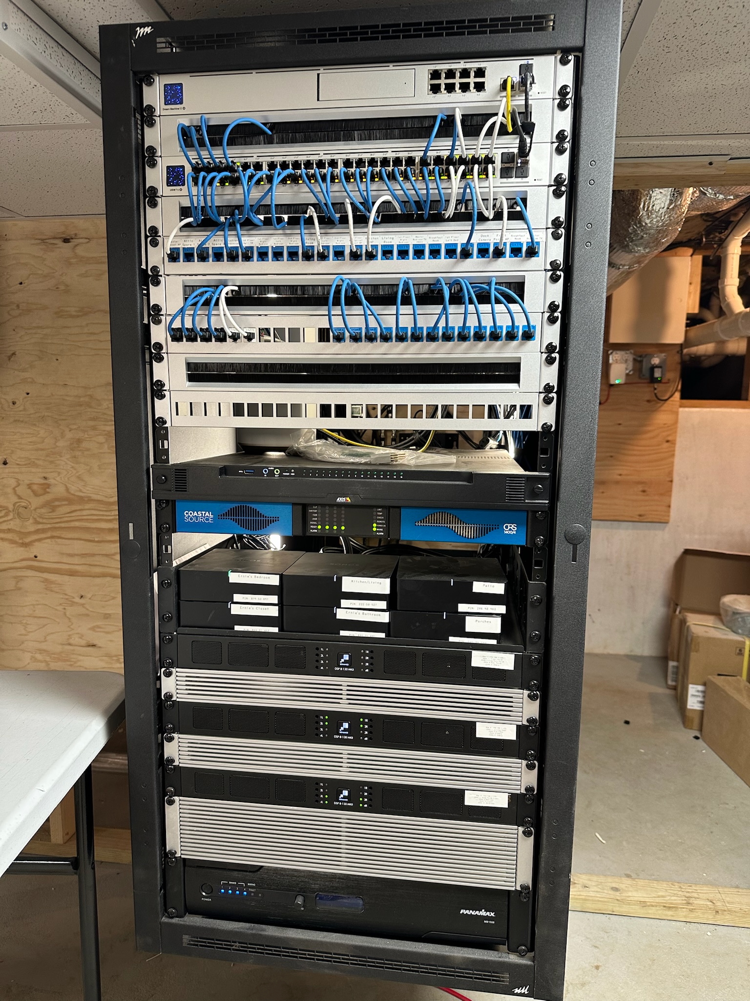 Clean UniFi network rack installed in a Martha's Vineyard home by MVIS