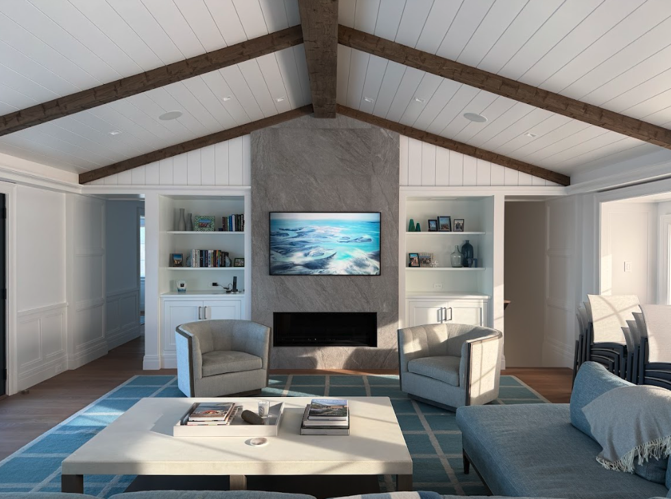 Modern media room with large display and comfortable seating in a Martha's Vineyard home