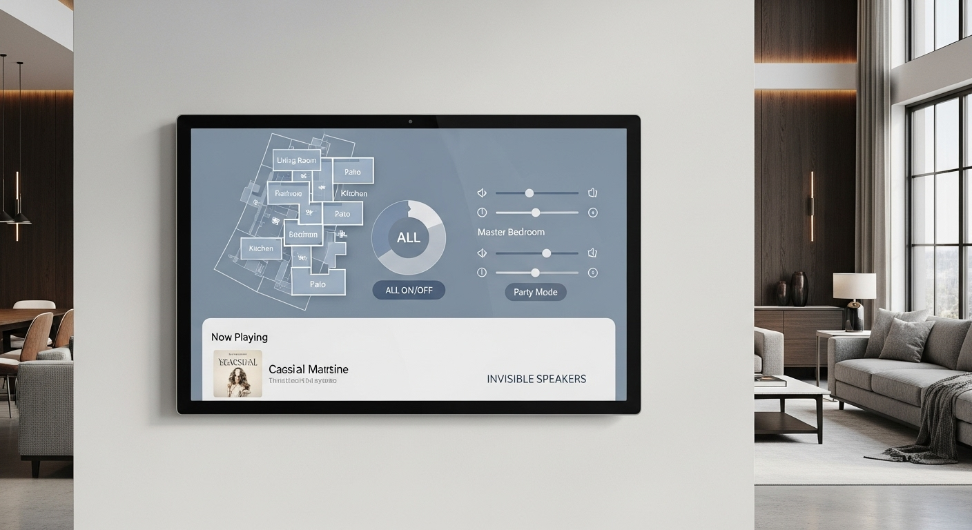 “Smart audio integration with invisible speakers for effortless party control.”