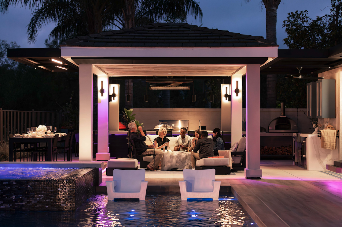 Luxury outdoor entertainment patio with lighting and audio
