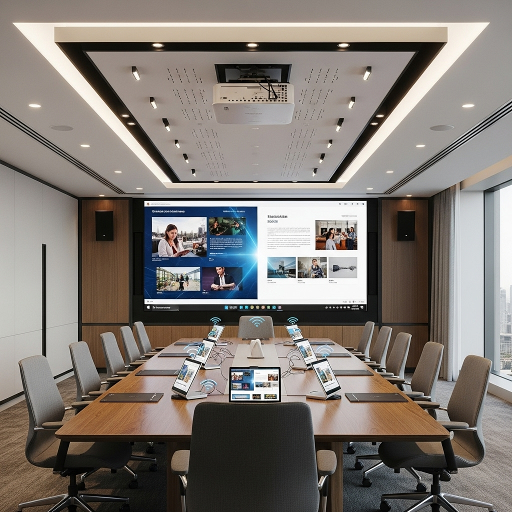 AV solutions in a smart conference room with wireless presentation and professional audio systems