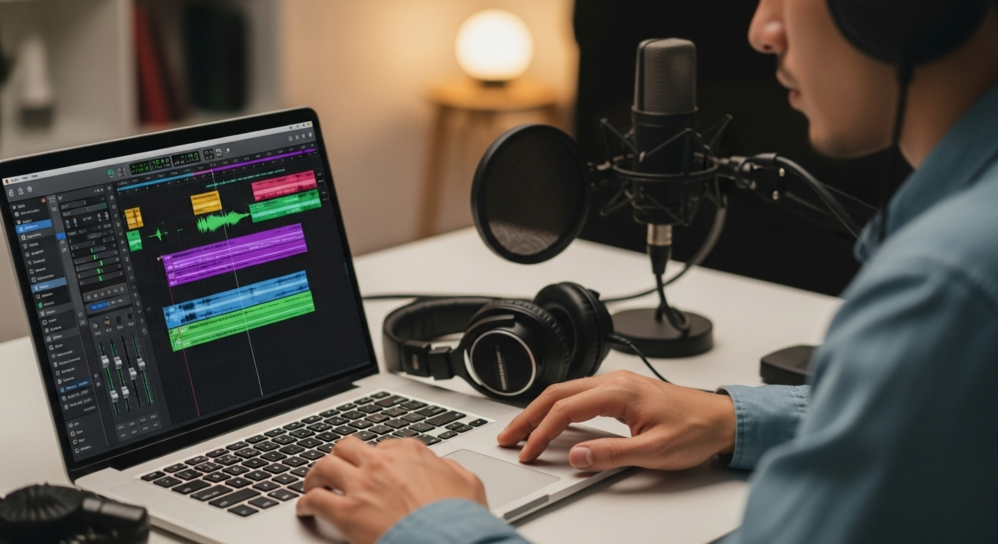 Podcaster editing audio using smart recording software on laptop