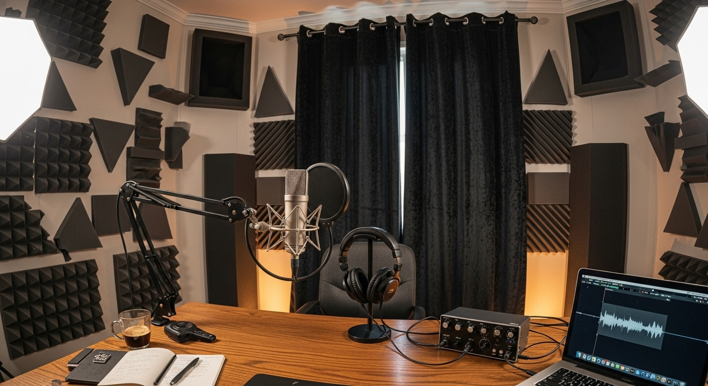 Acoustic panels and soundproofing materials in a podcast recording space