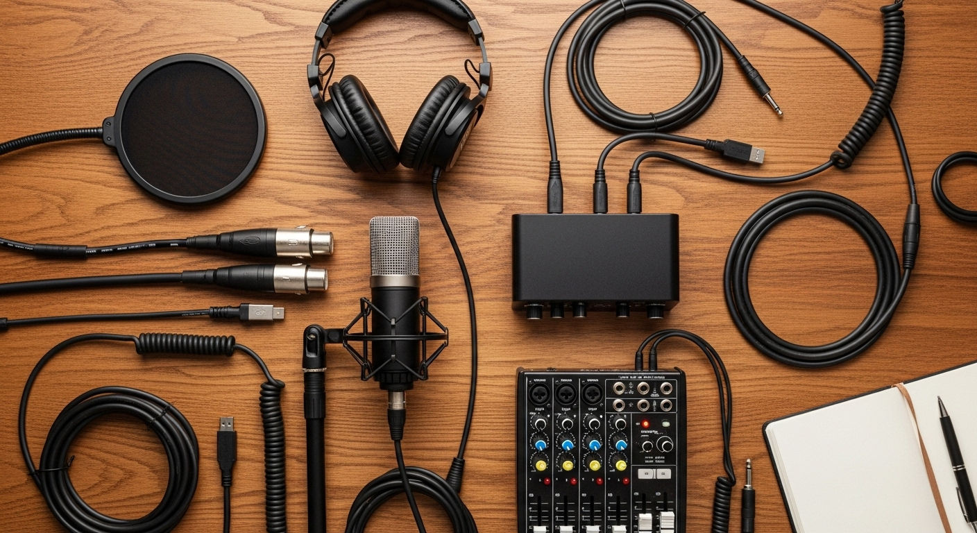 Podcast equipment checklist with microphone, audio interface, and headphones