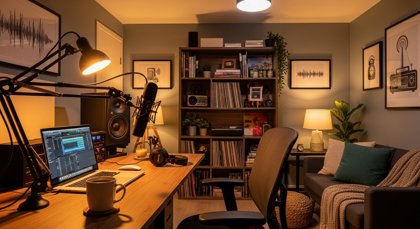 Home podcast recording setup with desk, microphone, and bookshelf for podcast room acoustics