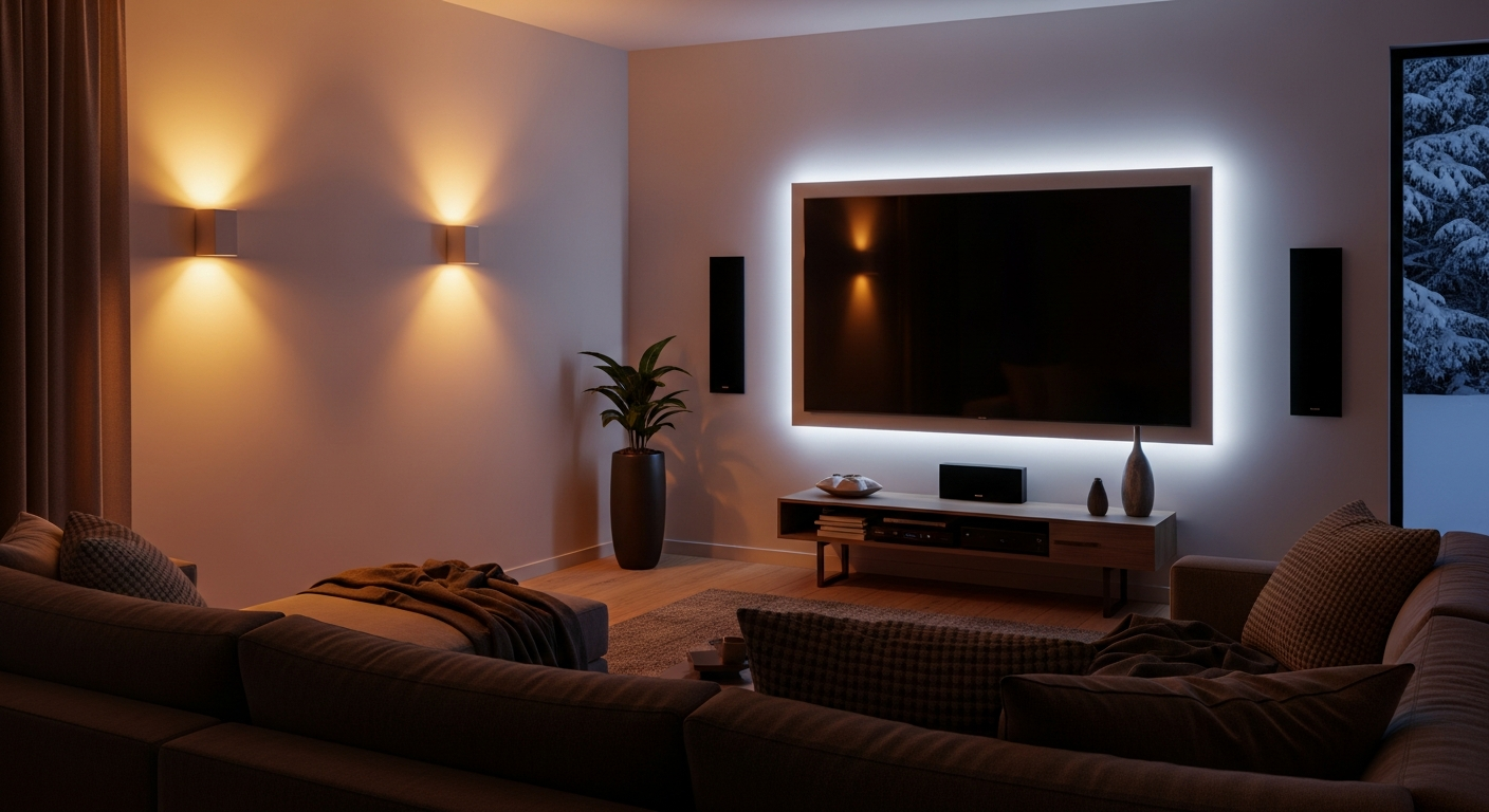 cozy home cinema winter, home cinema ideas, winter movie nights, home theater design, living room cinema setup, smart lighting winter, immersive audio home, Absolute AV