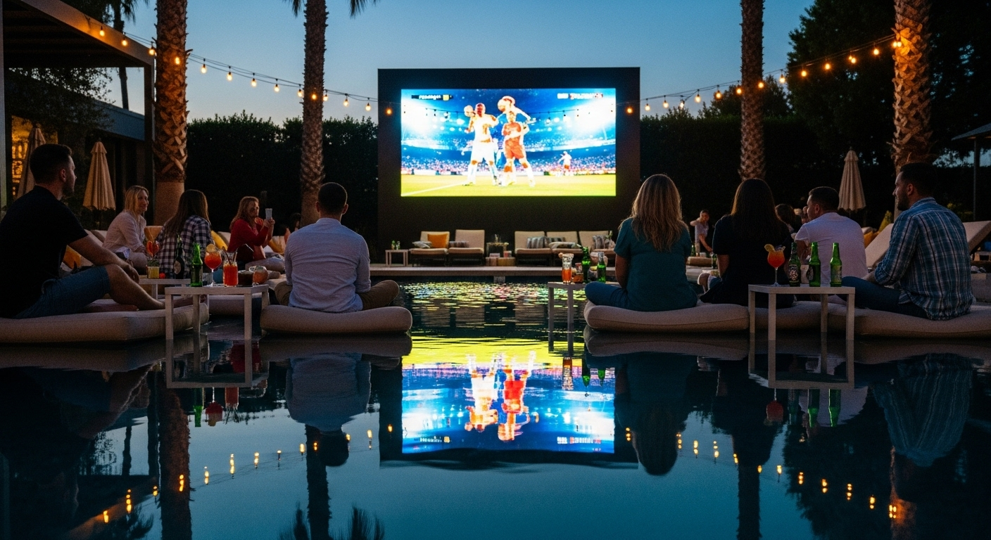 Poolside outdoor video screen showing sports for luxury outdoor entertainment.