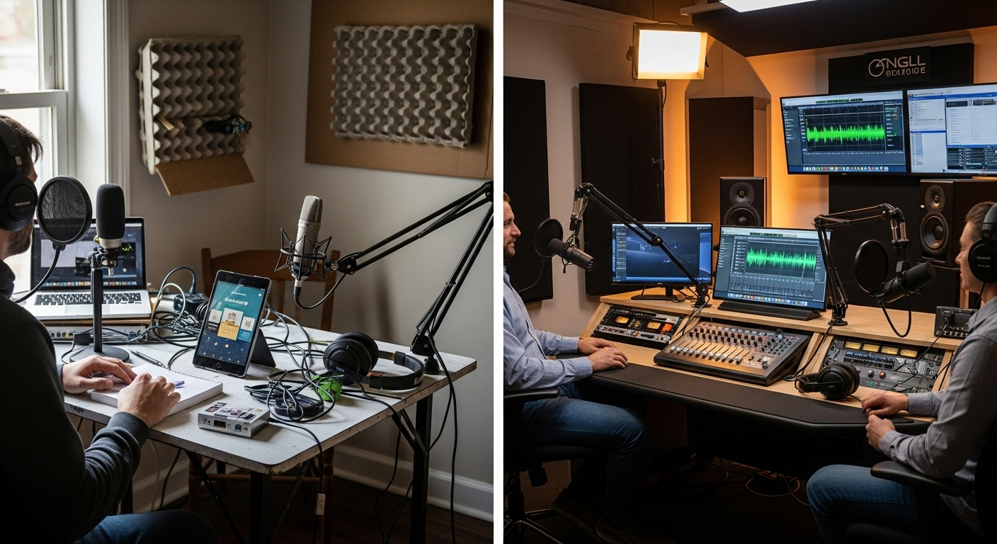 DIY podcast studio compared with professional podcast setup and AV integration