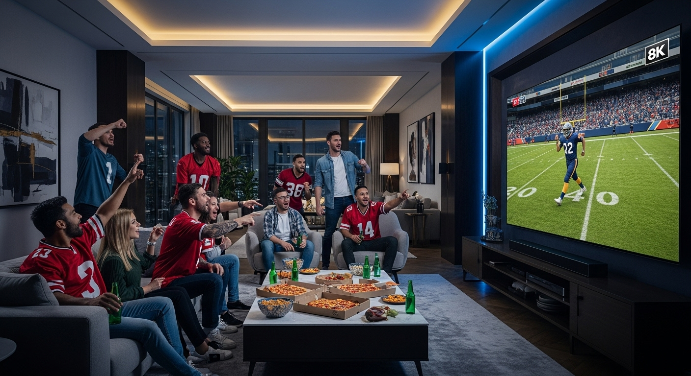 Luxury living room with 8K big screen TV creating stadium-like home sports experience.