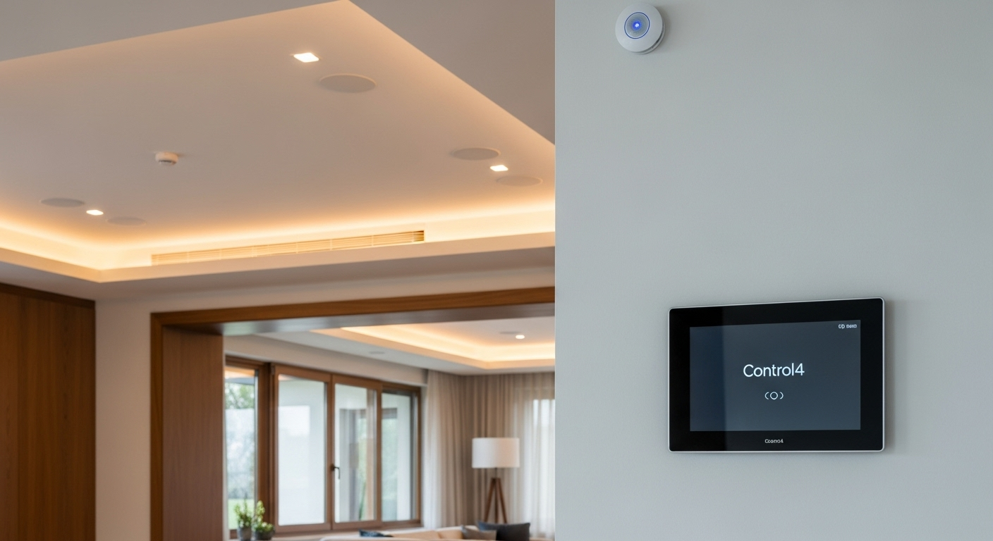 Core components of smart energy systems with Control4 and Lutron integrated into a luxury residence.