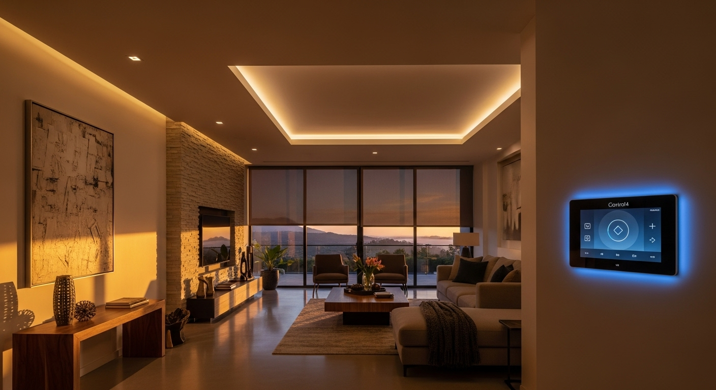 Luxury home living room with smart energy management using automated lighting and shading systems.