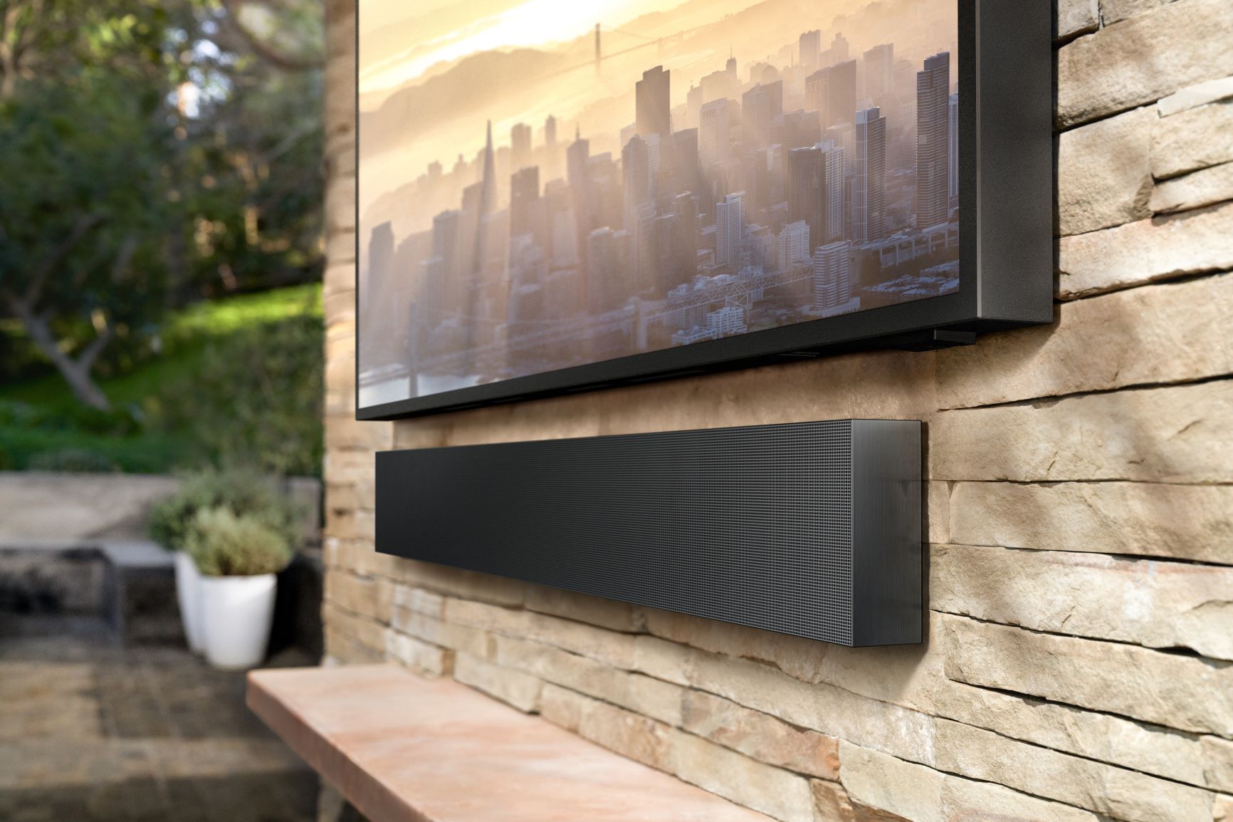 Weatherproof outdoor TV on a covered patio