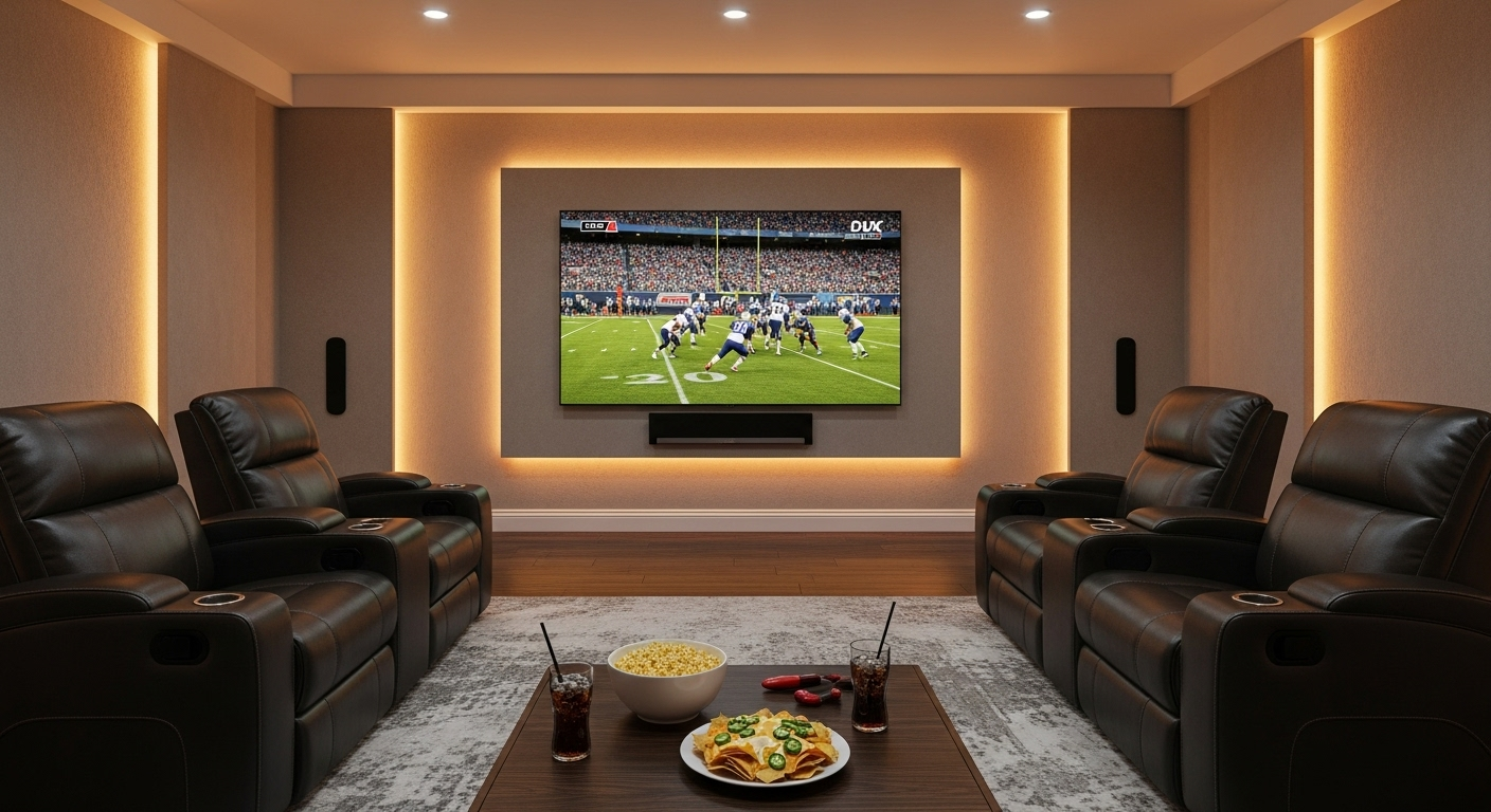 media room preparation, home theater setup, sports viewing experience, AV calibration, smart lighting, surround sound, Control4, Lutron lighting, Dolby Atmos, home theater design, seating layout, game day setup, smart home automation, Fort Myers AV company, Quantum AV, home entertainment systems, media room upgrades, projector setup, big screen optimization, home AV installation