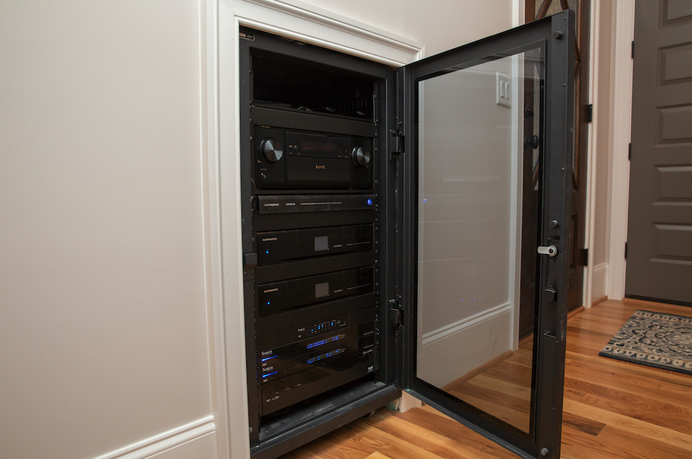 Equipment rack enclosure in home media room