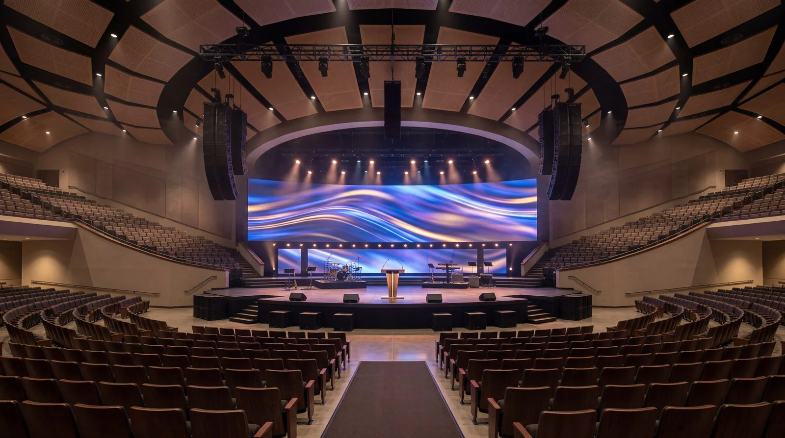 Worship space with LED wall and line arrays