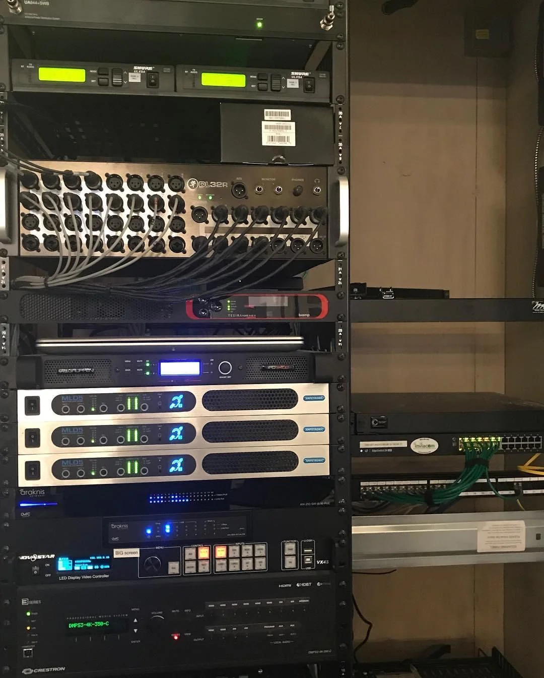 A commercial equipment rack, neatly dressed and labelled