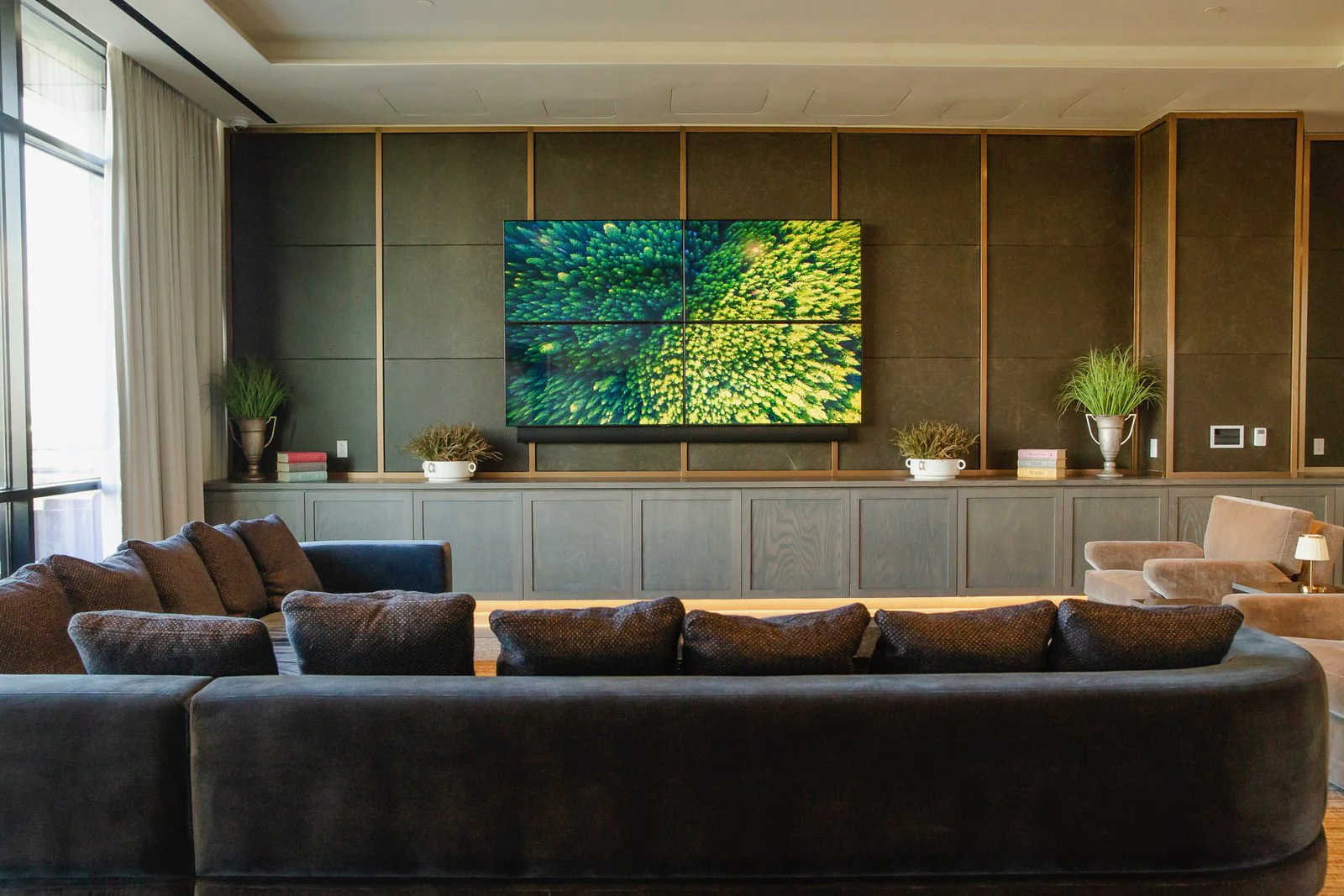 A commercial lounge with an LED video wall
