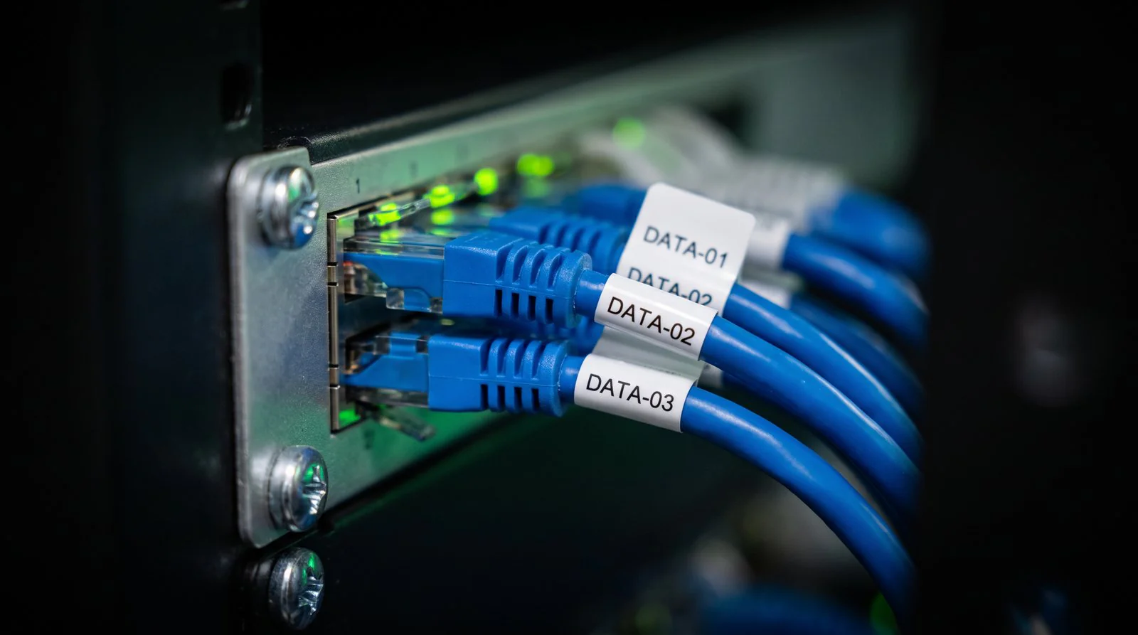 A commercial network closet with patched switches
