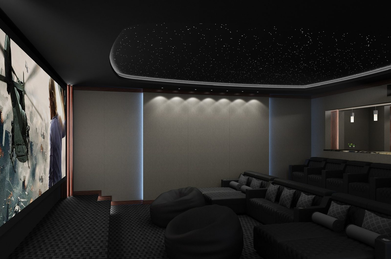 A dedicated home cinema with tiered seating