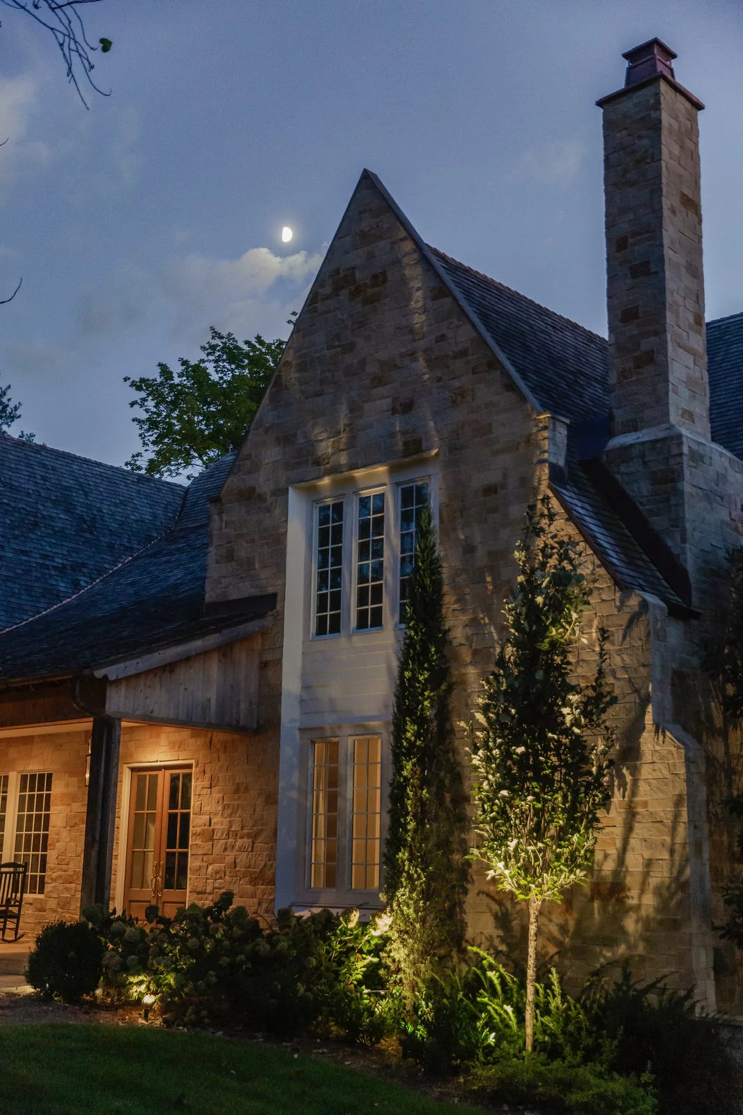 Landscape lighting on a Nashville home at dusk