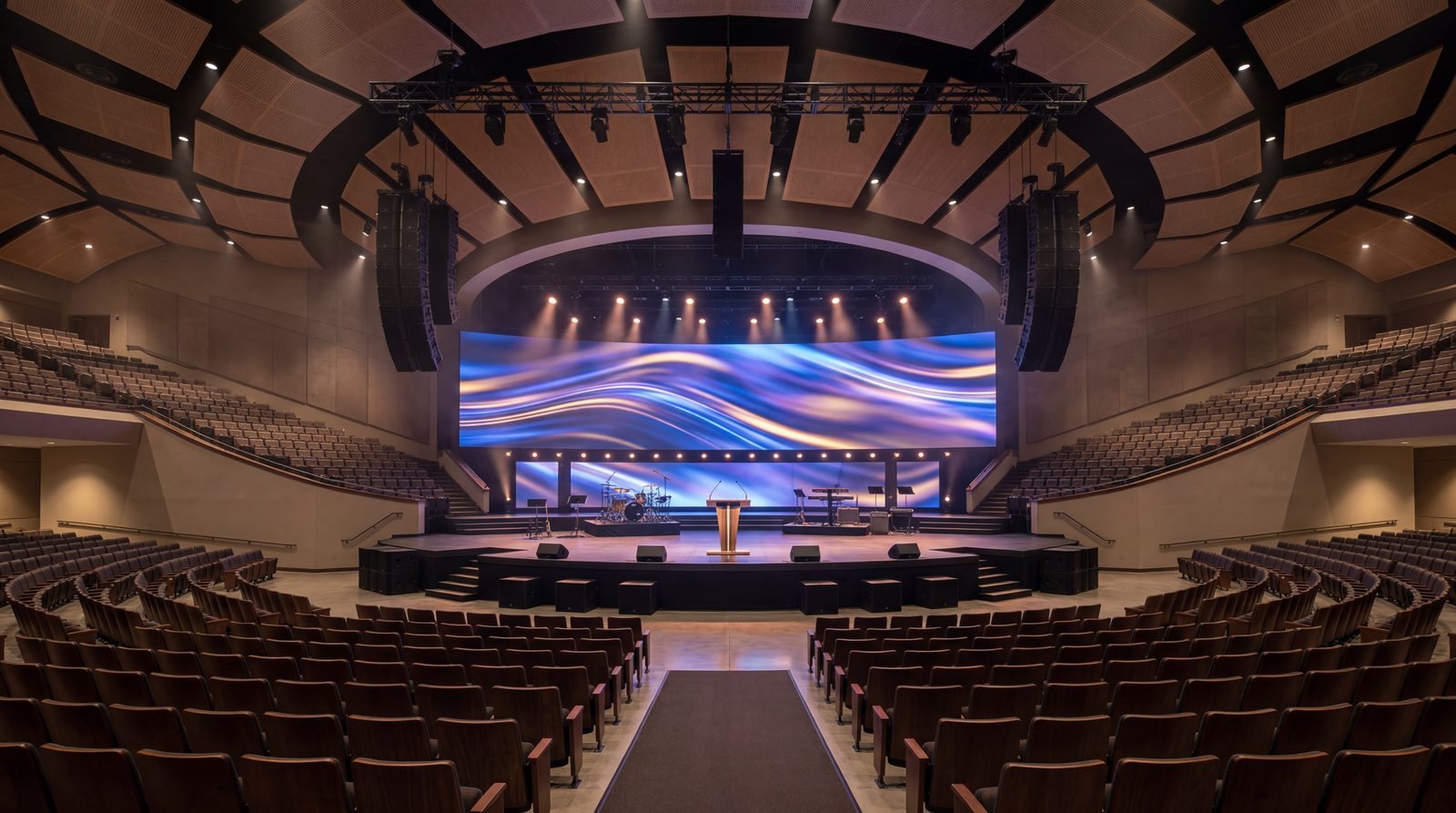 Worship space with LED wall and line arrays