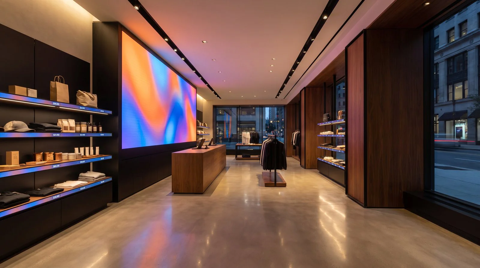 A retail store with an LED video wall and digital shelf displays