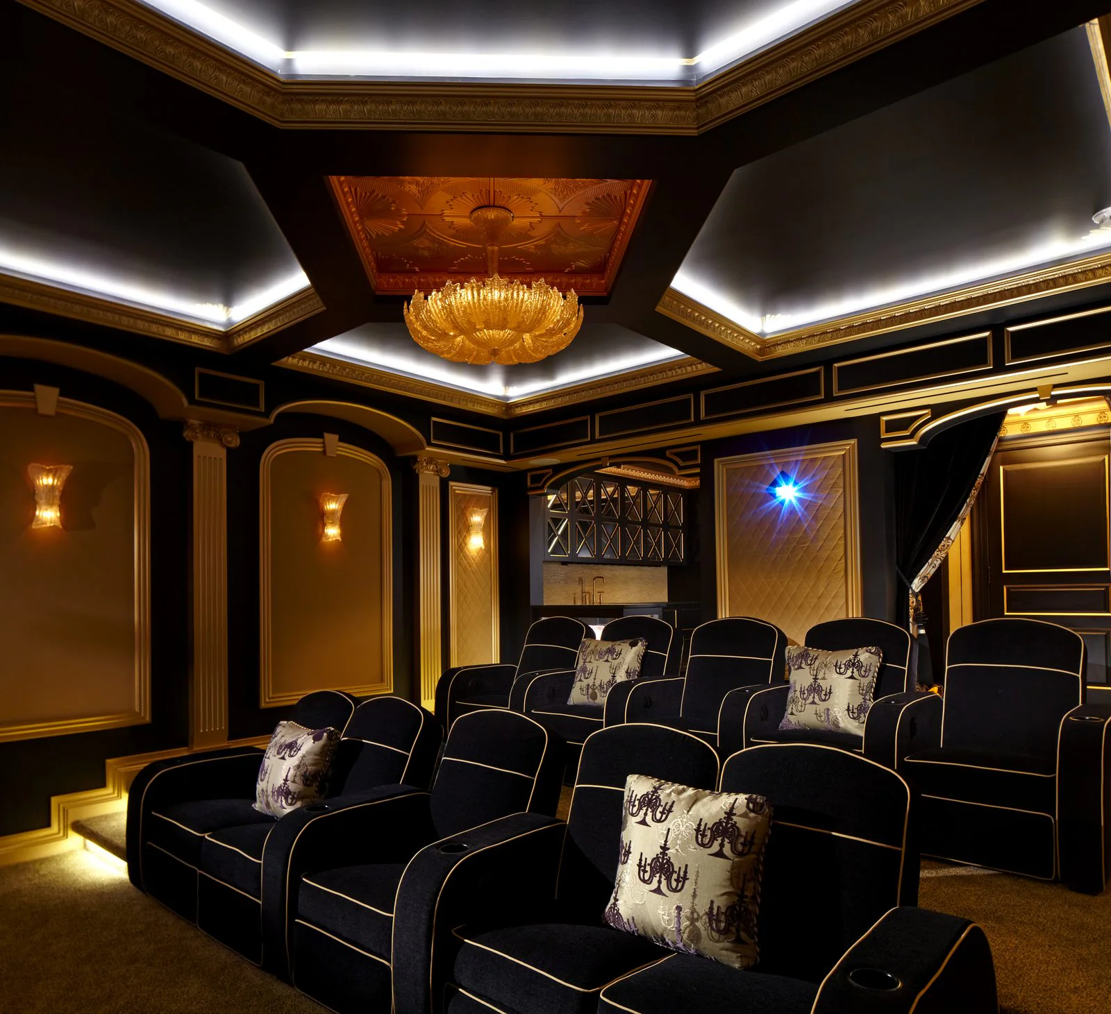 A residential cinema with tuned lighting and seating