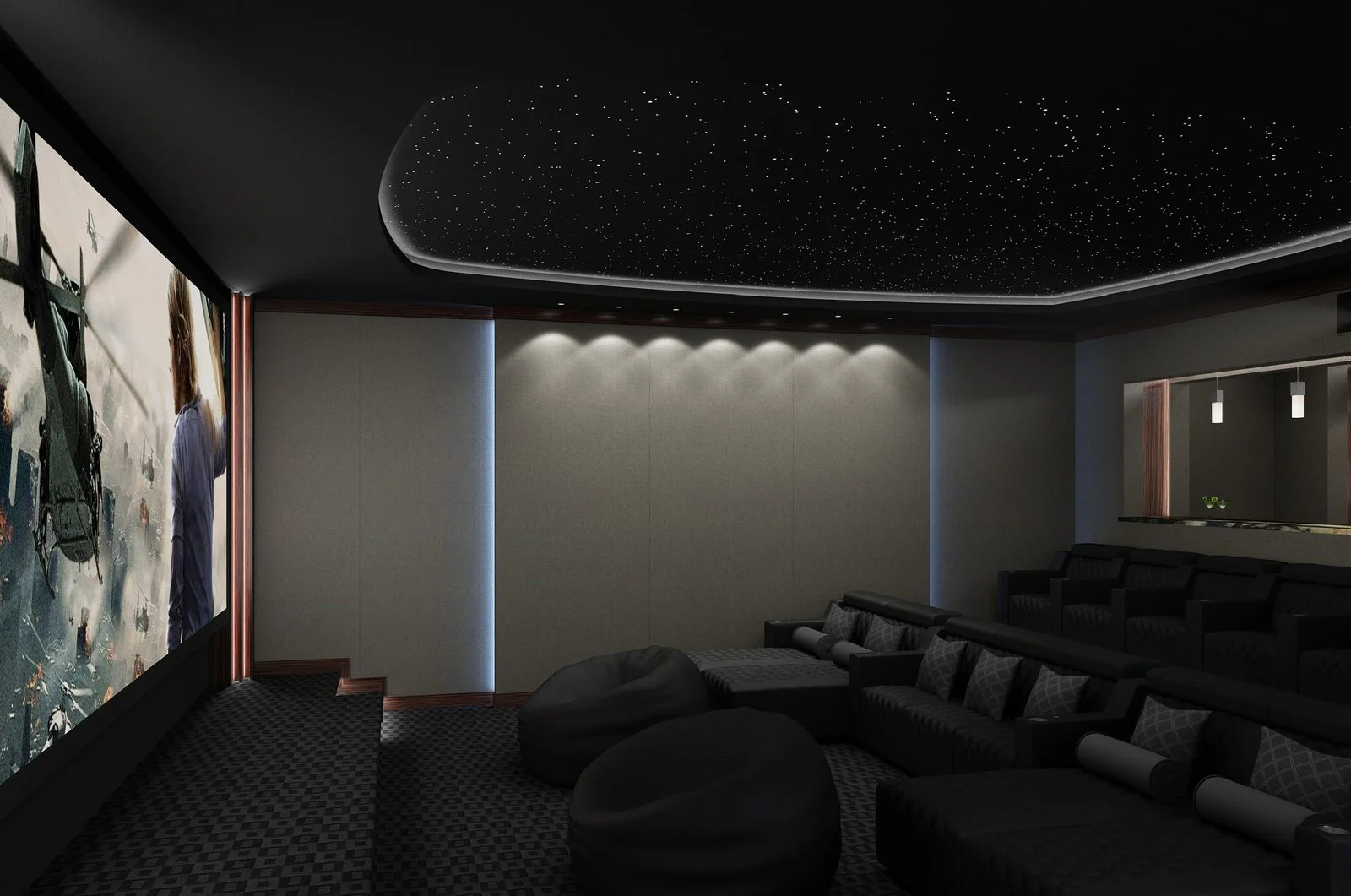 A dedicated home cinema with tiered seating
