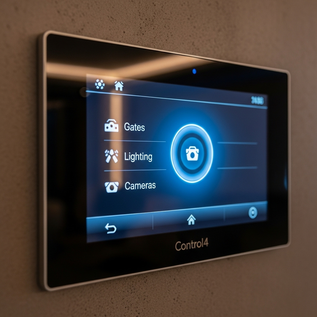 Control4 smart home panel managing gated entry and lighting integration