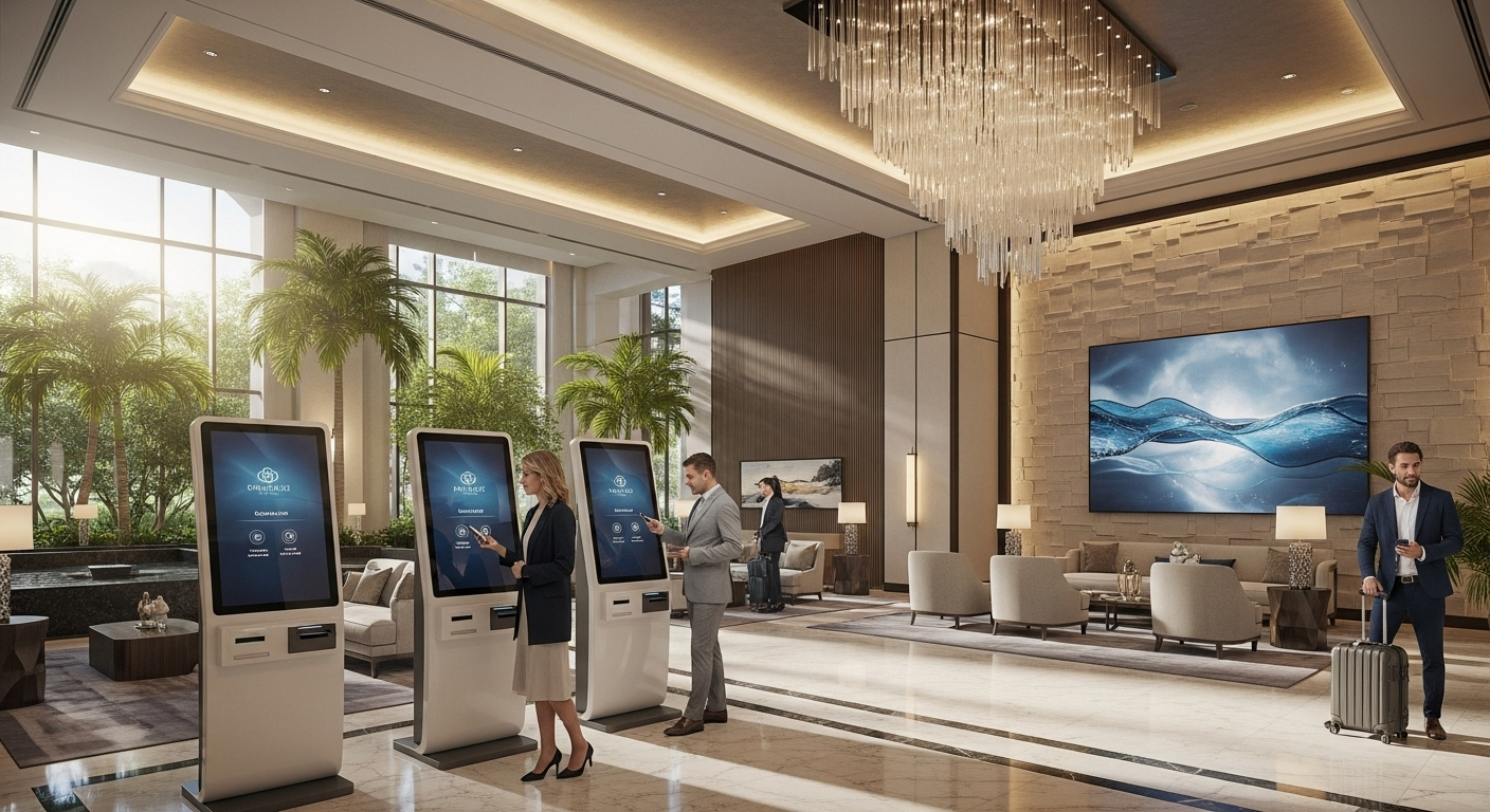 Smart hospitality hotel lobby with automated check-in systems and digital guest services.