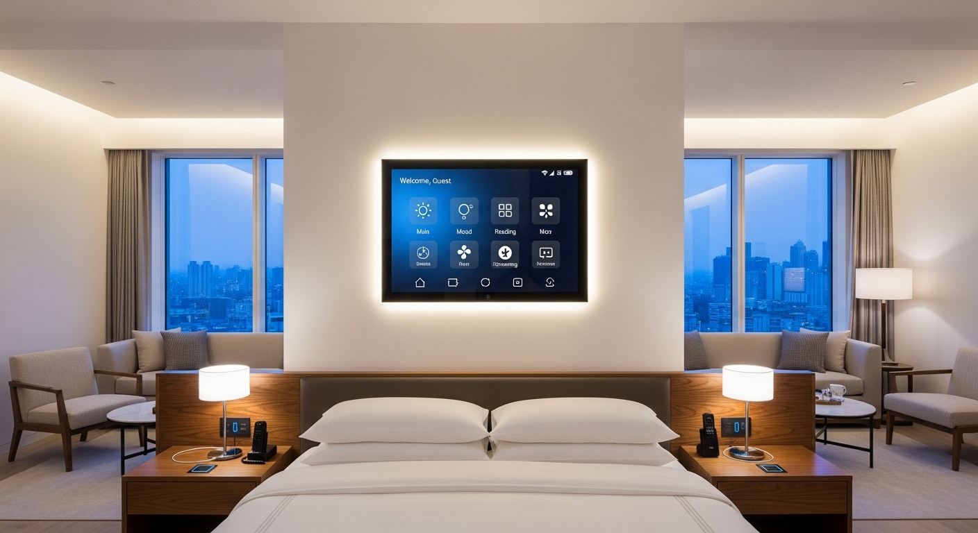 Smart hotel technology with integrated room controls for lighting, climate, and AV systems.