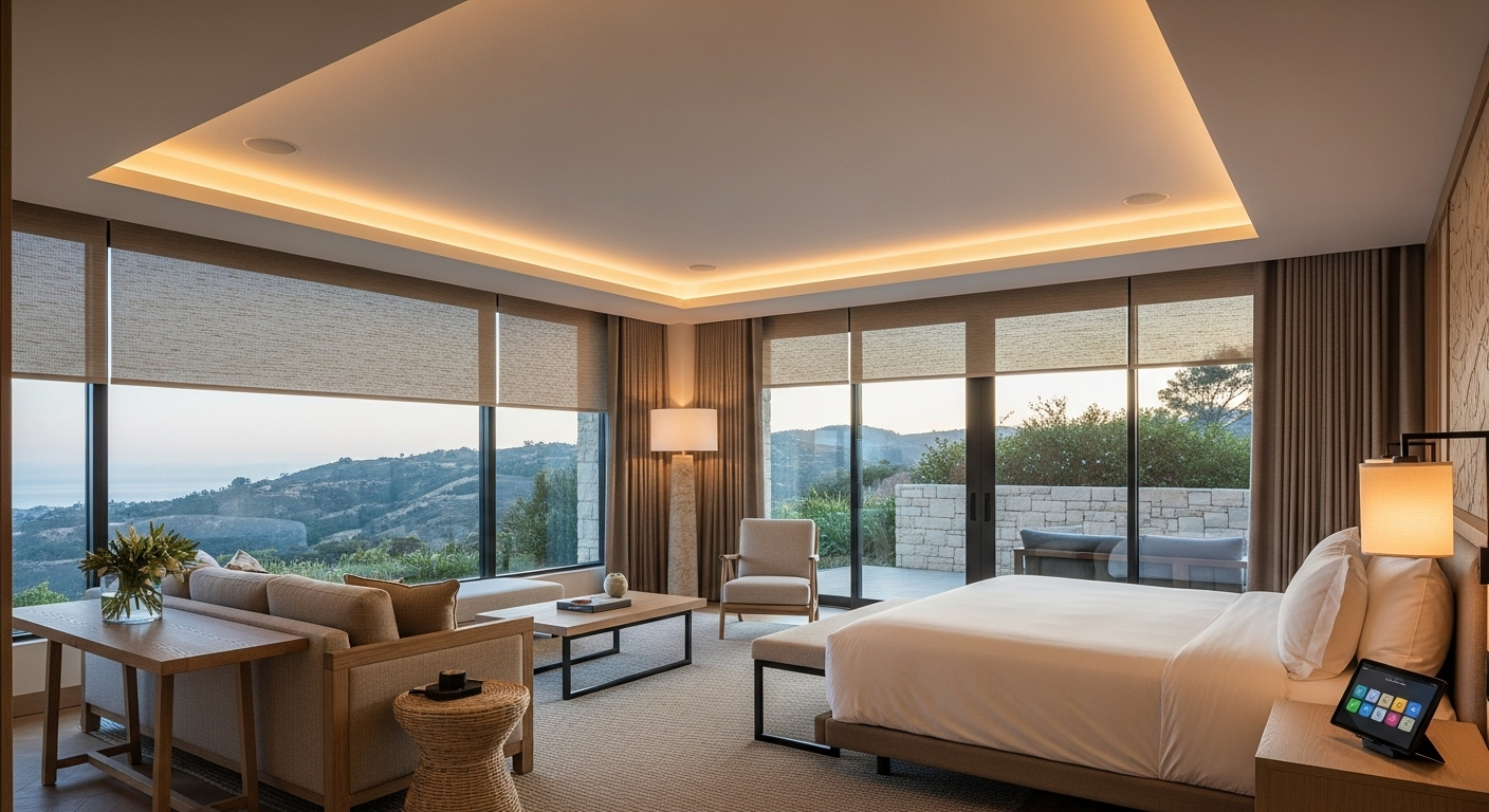 Energy-efficient hotel technology with automated lighting and smart shading solutions.