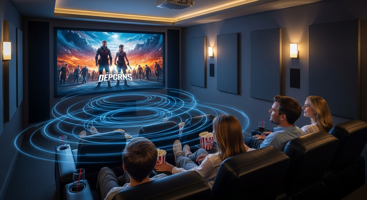 Family enjoying Dolby Atmos home theater with immersive 3D audio experience.