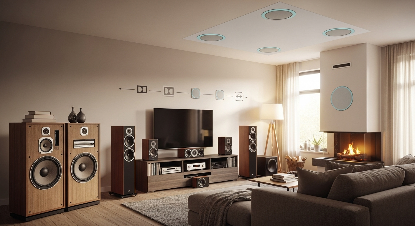Evolution of home theater audio from stereo to Dolby Atmos immersive sound.