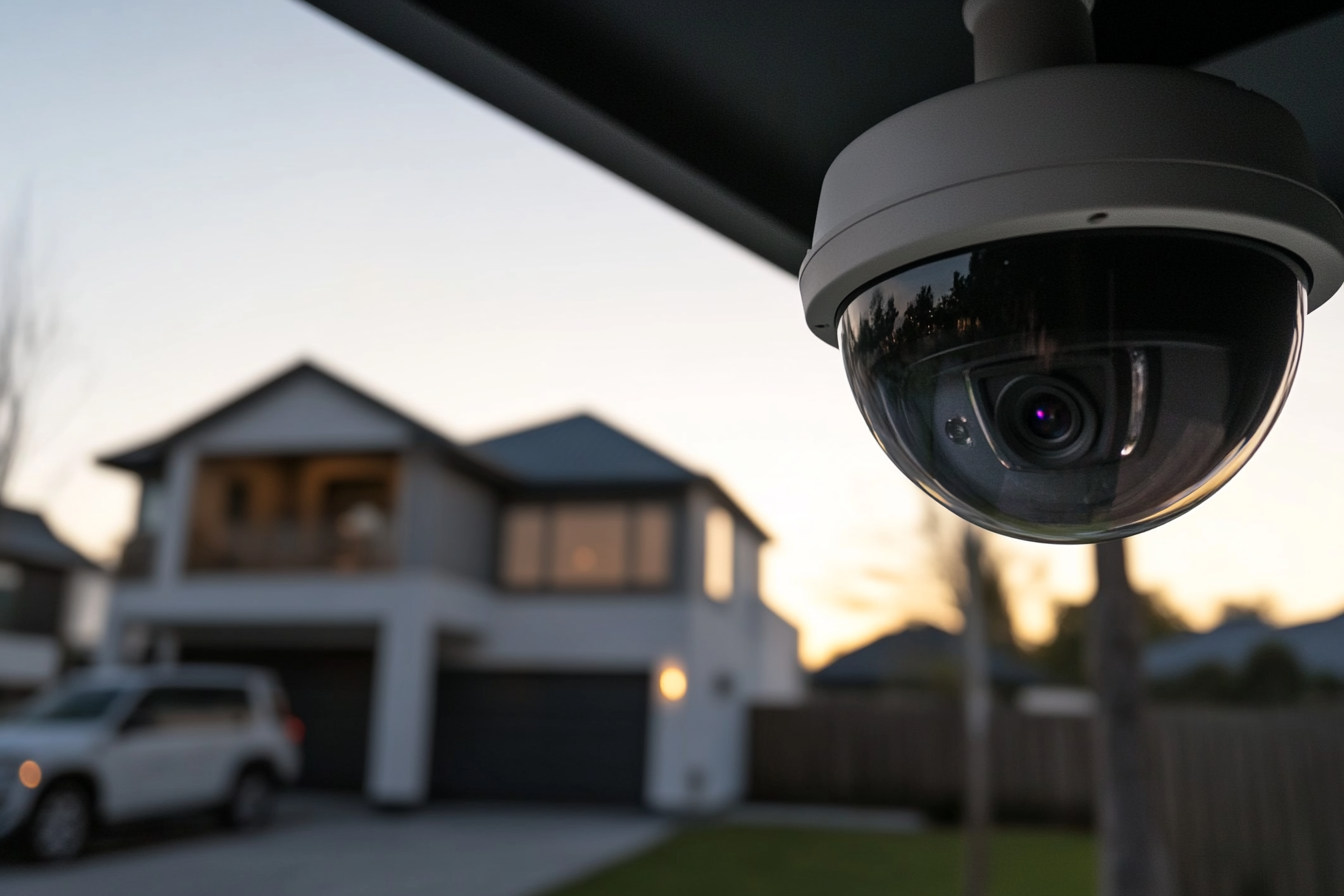 Security camera mounted on a modern home exterior