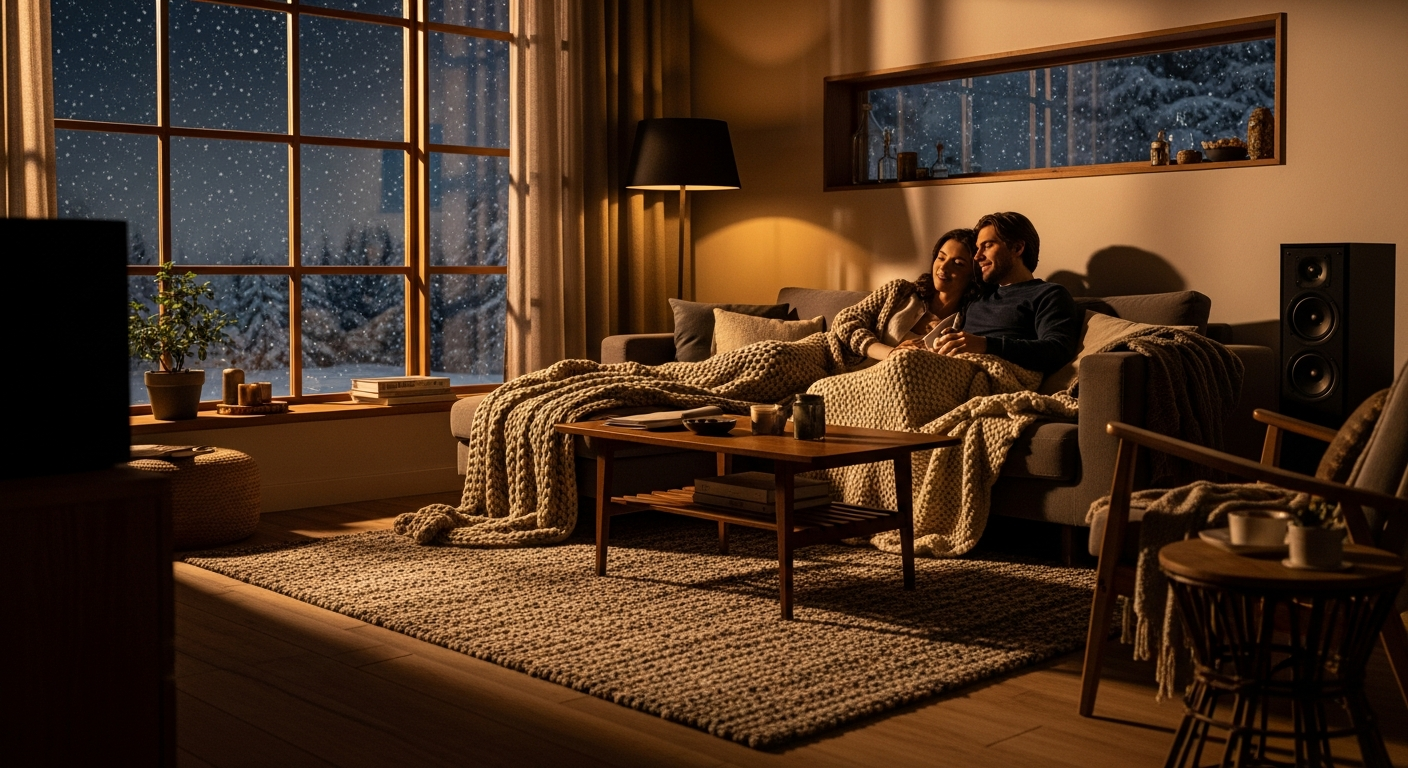 multi-room audio winter, whole-home audio, winter playlists, cozy home sound, ambient audio winter, smart home audio, Golden Entertainment audio, synced speakers home, home audio installation, winter ambiance music