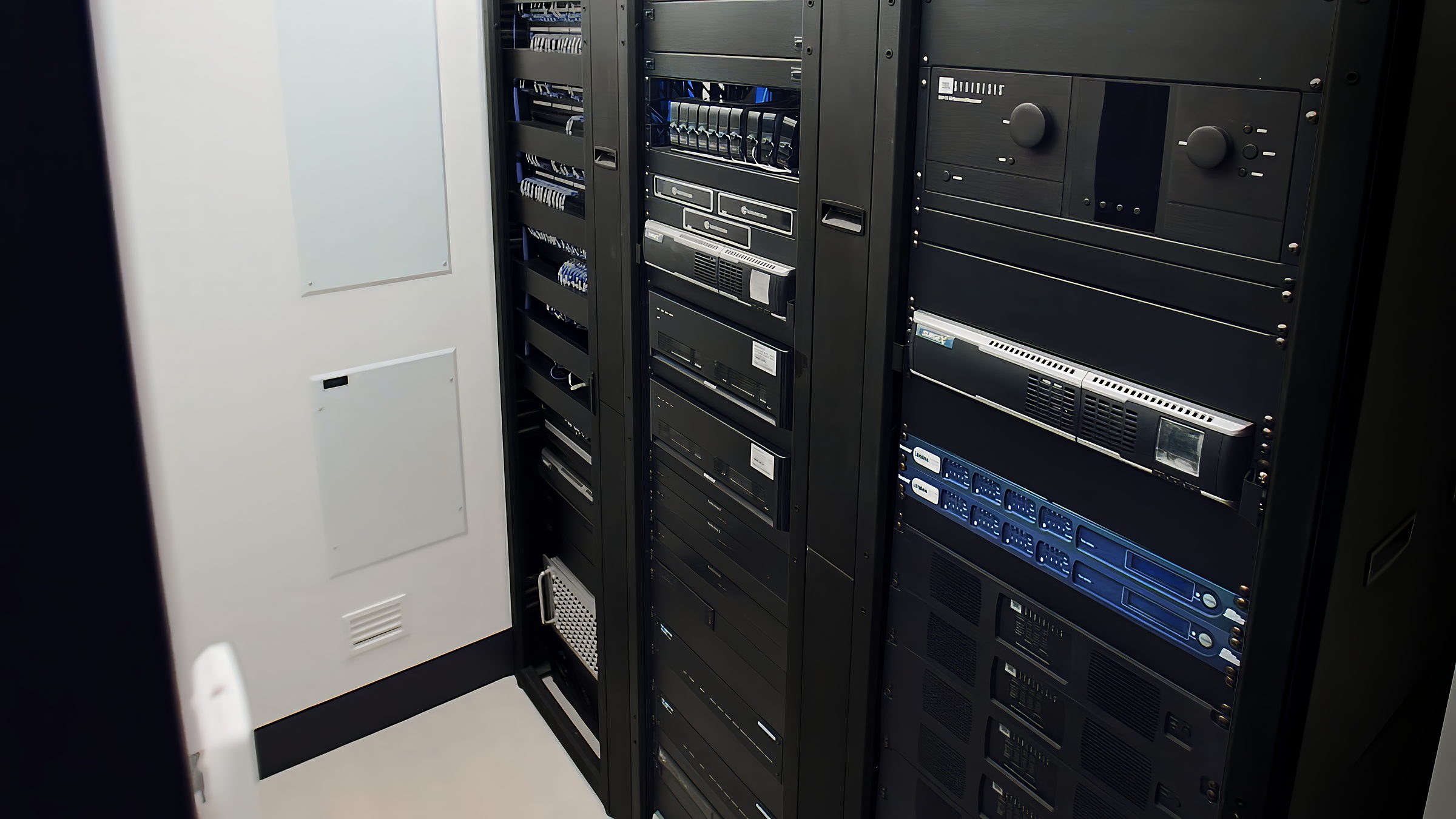 Rack front, patching labeled panel by panel
