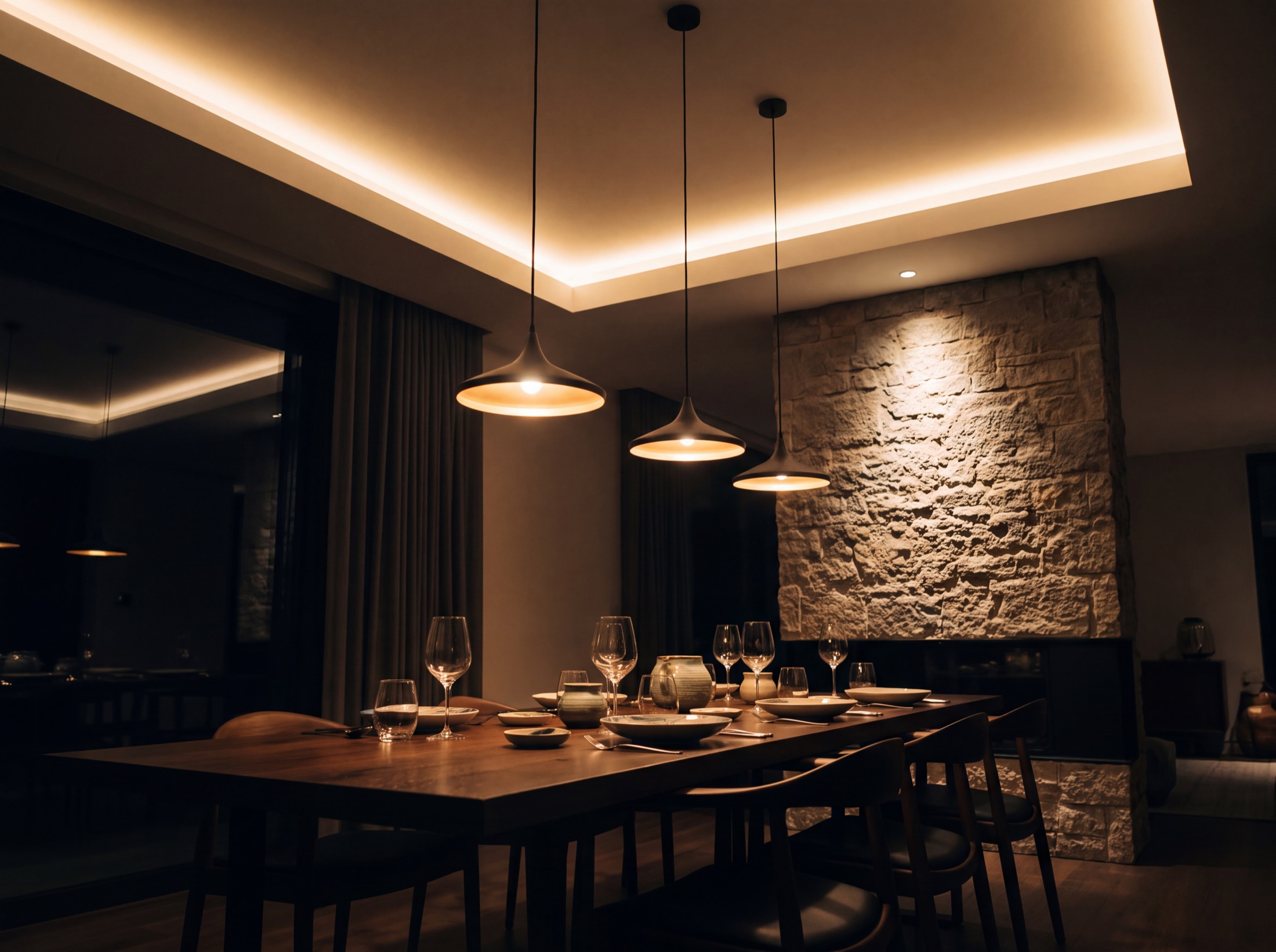 The same caliber of dining room lit in layers: pendants low over the table, a warm cove tracing the ceiling, stone texture grazed, edges dark