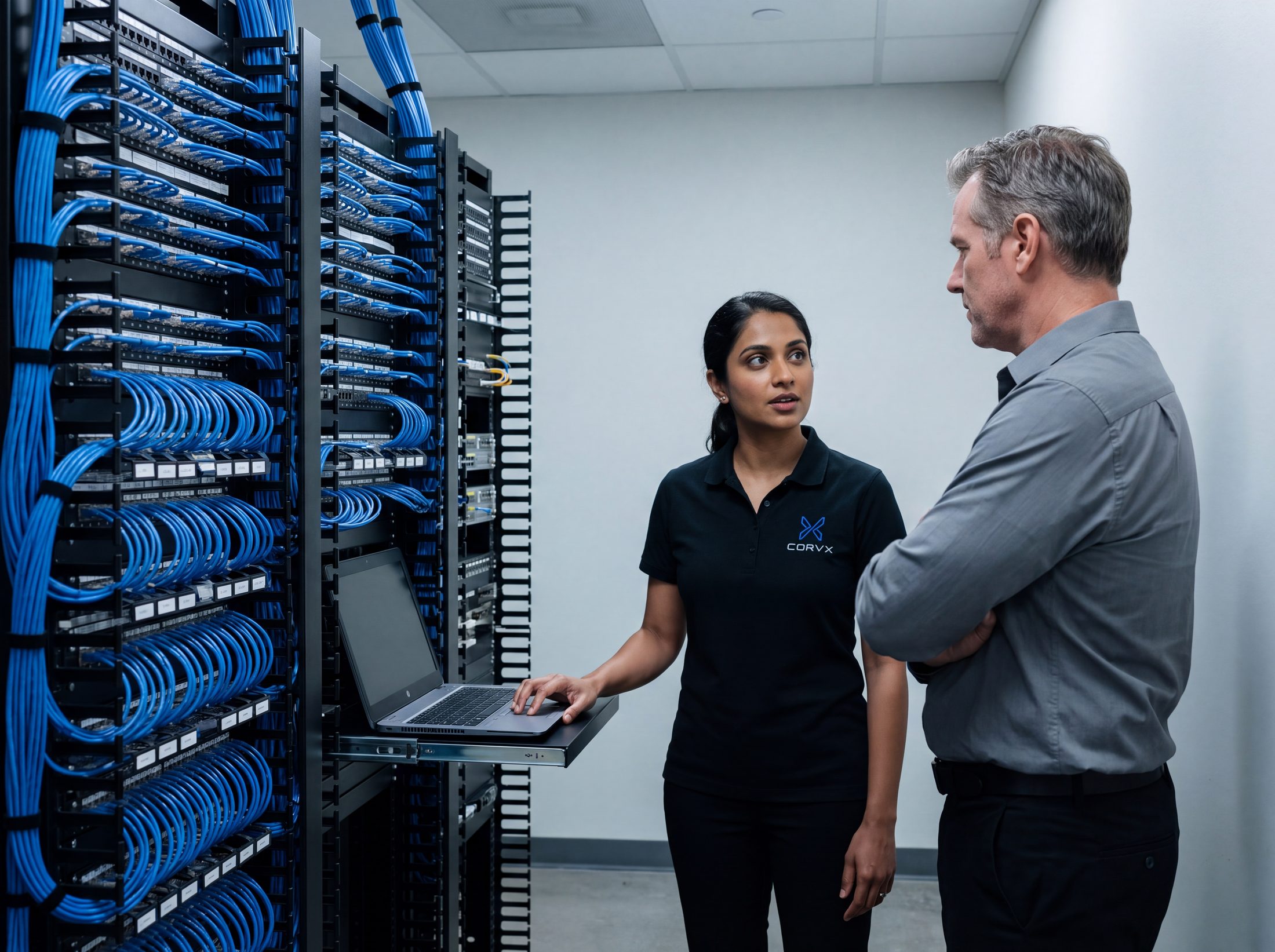 A comms room patch field, every lead the same length and combed, an IT manager and an integrator conferring at a rack shelf