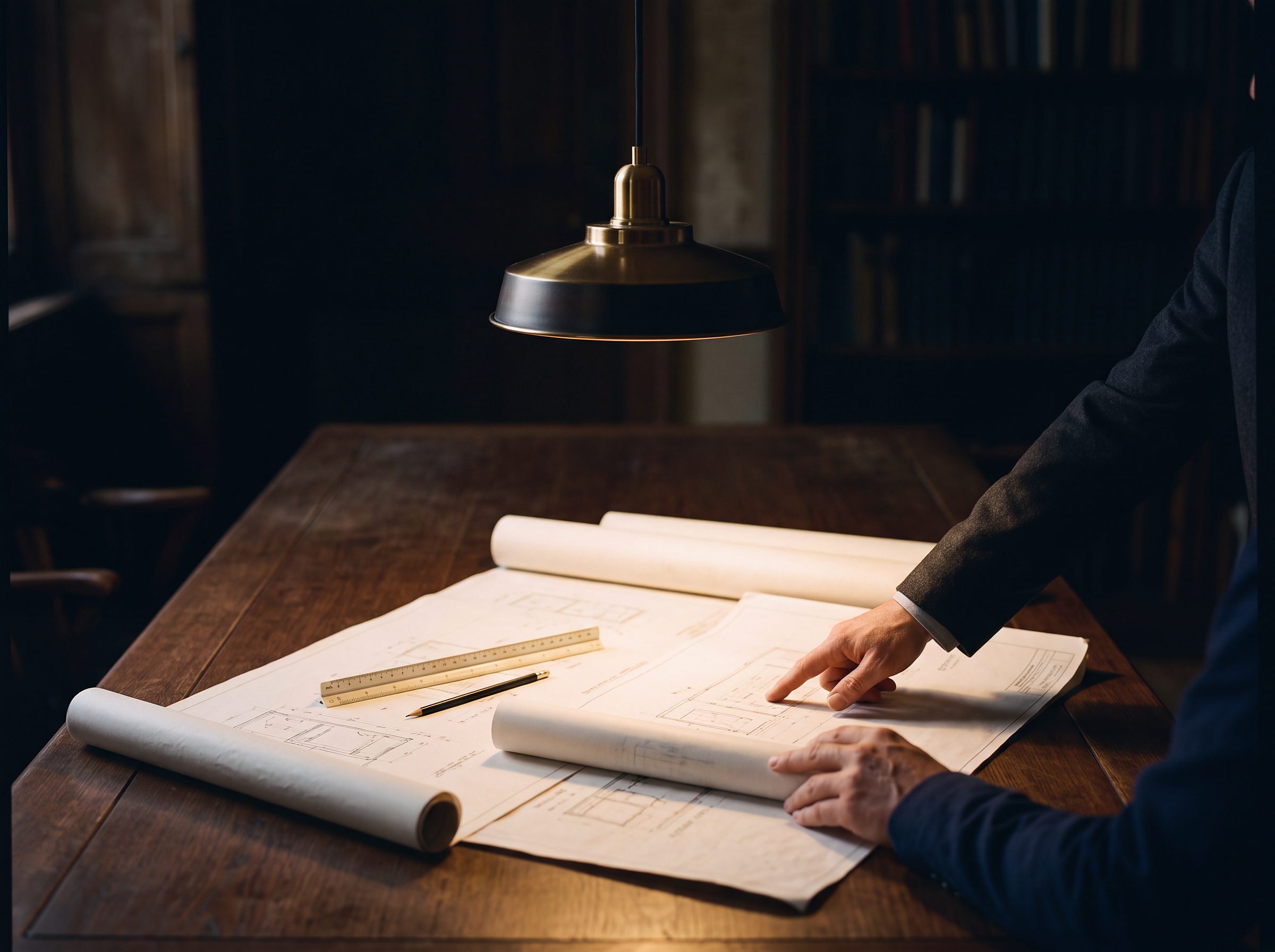 Technical drawings spread on a dark table under a single pendant, a hand pointing to a detail