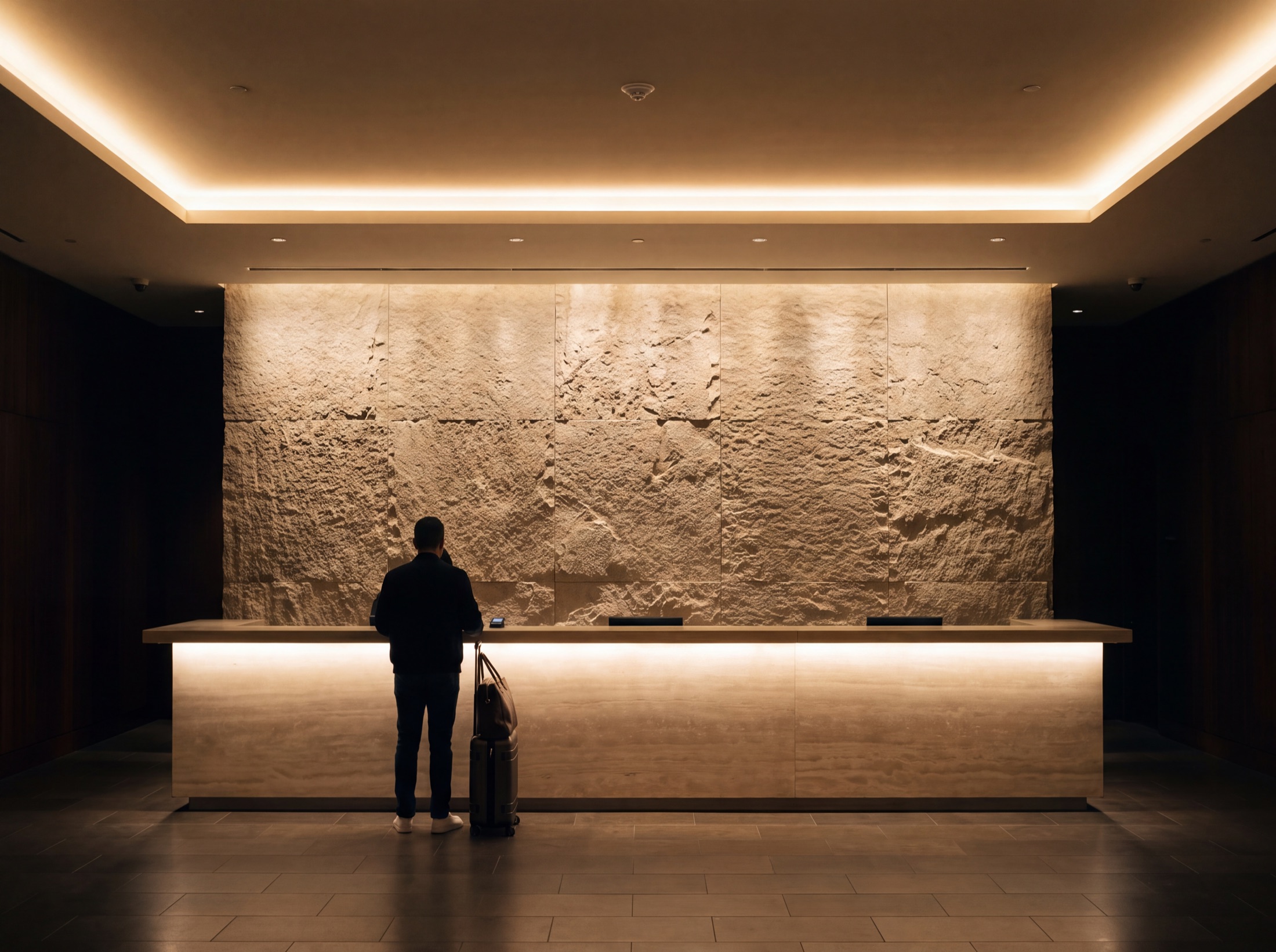 Hotel reception at dusk, the cove reading as one unbroken line of light, stone grazed, desk faces lit without glare
