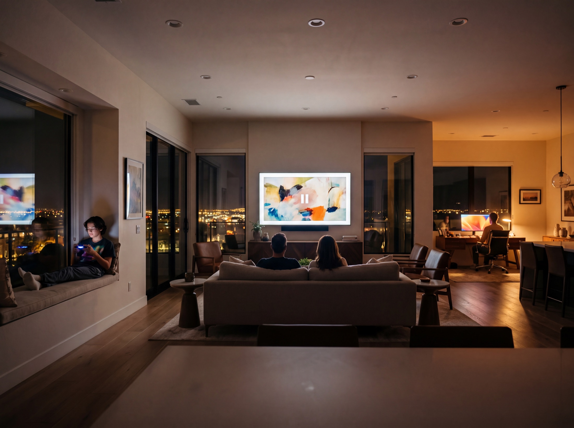 Open-plan home at evening in simultaneous use: a paused movie, a game in the nook, a video call glowing in the study beyond