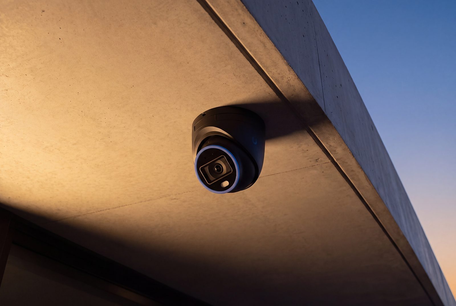 A discreet camera flush under a concrete soffit at dusk