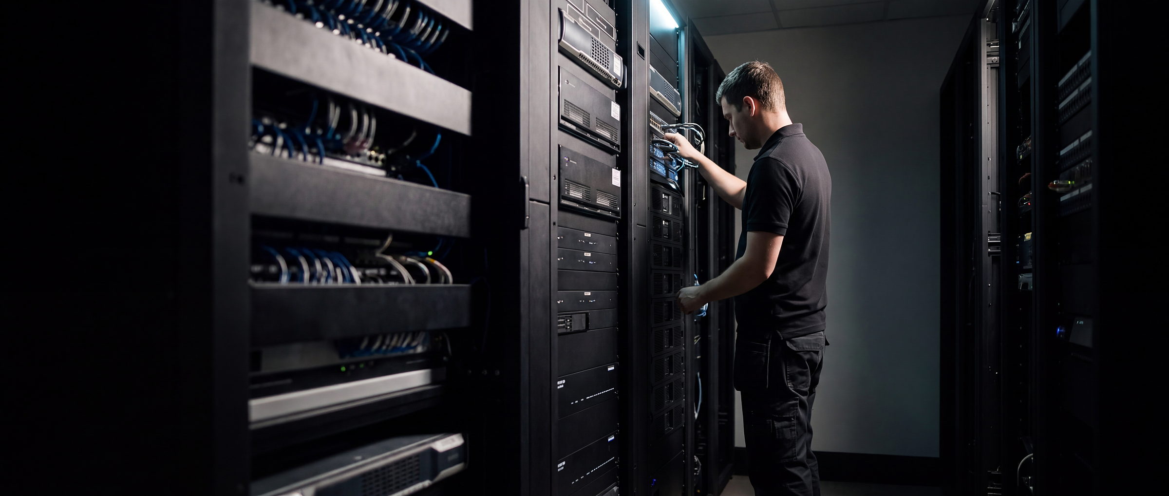 A CORVX engineer working at a dressed equipment rack, lit by one cool practical