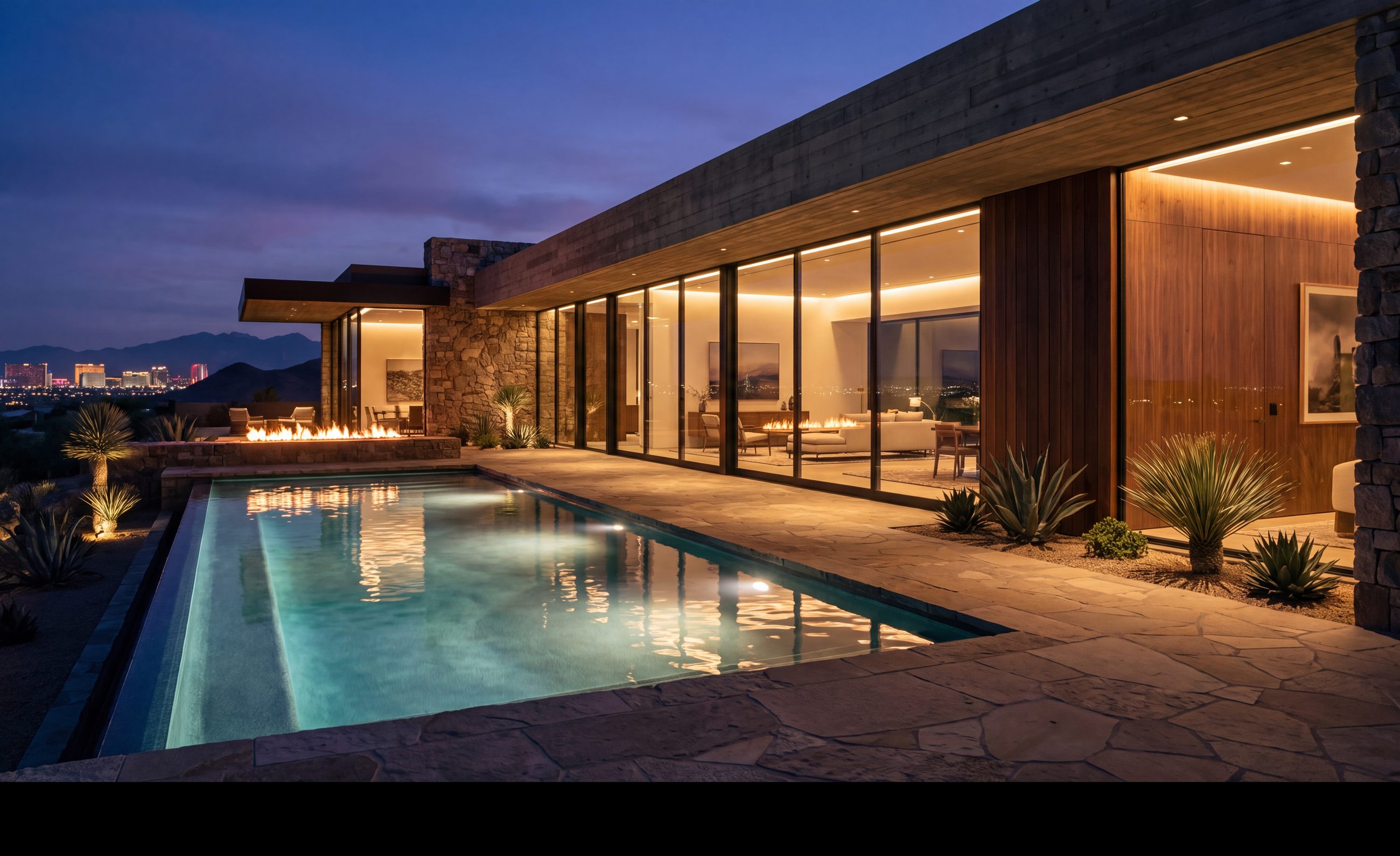 A desert home at dusk, pool and fire feature lit, the Las Vegas valley beyond