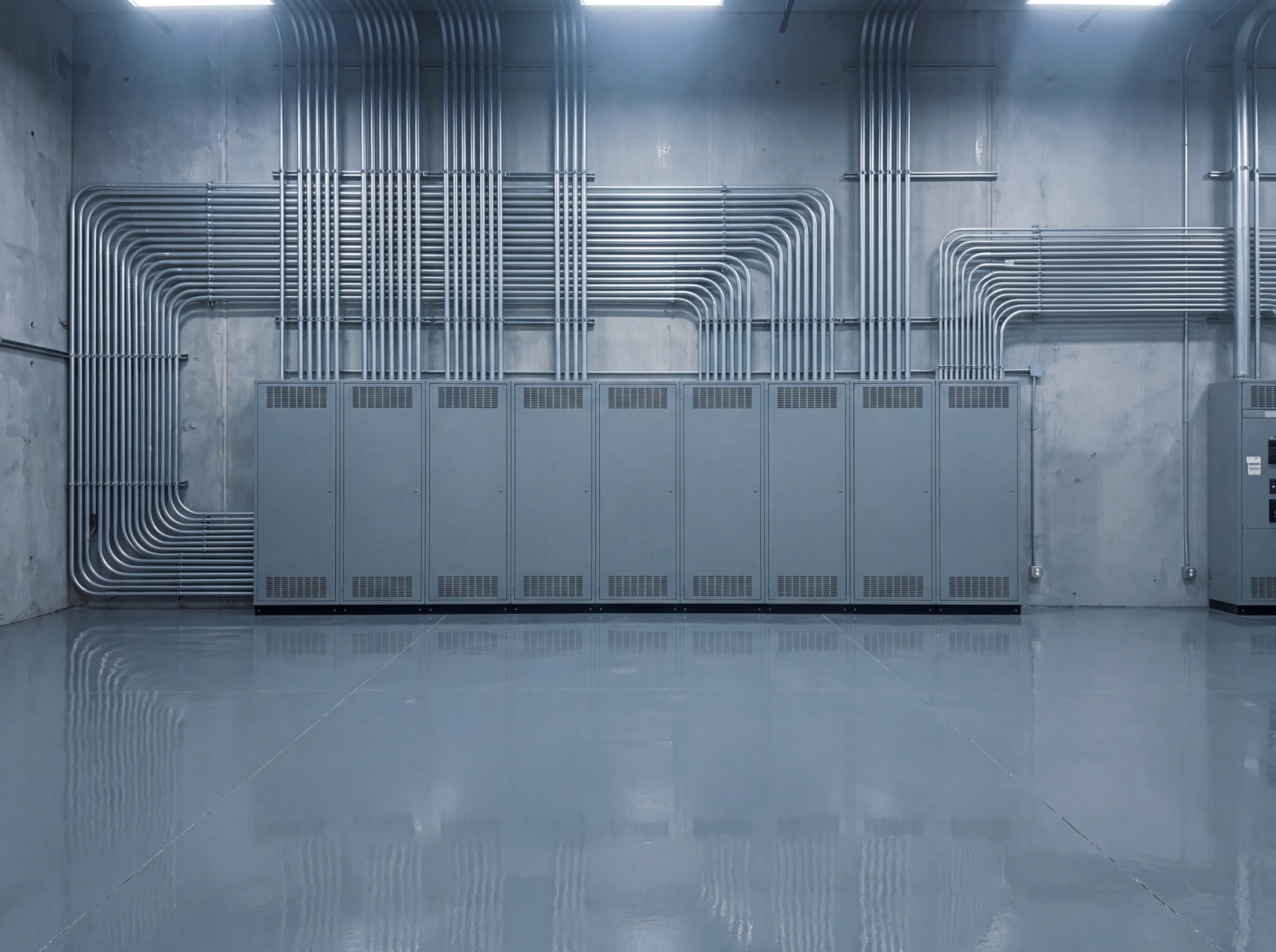 A commercial electrical room in perfect order: switchgear lineup, conduit racked in parallel, sealed clean floor