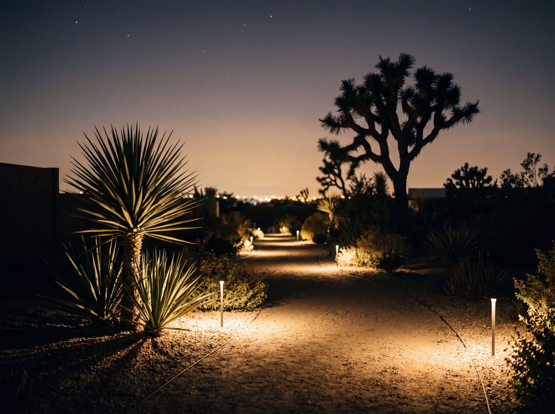 A desert path at night in pools of warm glare-free light, true dark held between them, a yucca uplit at the turn