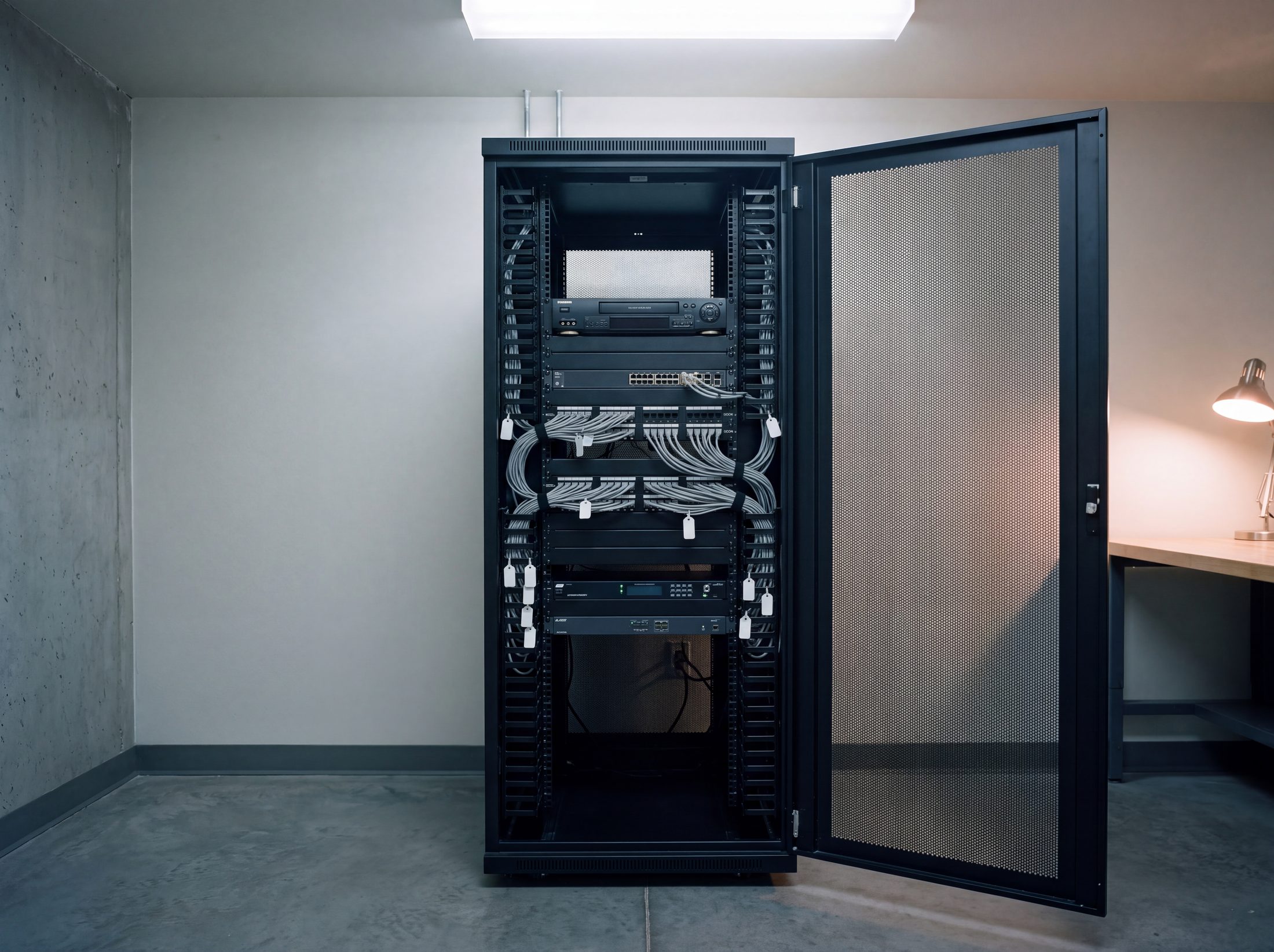 Security equipment racked in the same cabinet and to the same standard as the network and AV gear